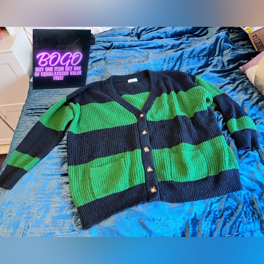 Cozy Navy and Green Striped Large Knit Cardigan: La Ligne x Target